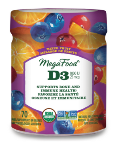 MegaFood Gummies are made with real, whole foods sourced from farm fresh partners—no artificial or added colors, flavors or preservatives, period—plus they’re easy to chew and swallow. Fresh-picked Florida oranges, Wisconsin cranberries, Quebec blueberries and Kauai ginger root—a bountiful blend!—give these gummies a real boost in flavor and color, while 1000 IU (25 mcg) of FoodState Vitamin D supports bone, muscle and immune health.  