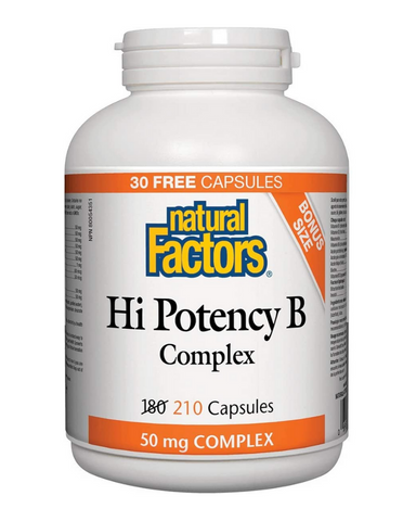 Natural Factors Hi Potency B Complex contains optimally balanced levels of B vitamins for a natural way to energize the body. A factor in the maintenance of good health, B vitamins convert carbohydrates, fats, and proteins to energy and help in the formation of tissues and red blood cells.