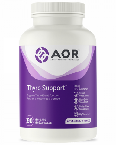 ﻿AOR Thyro Support contains iodine to help in the function of the thyroid gland as well as other minerals and natural ingredients for the maintenance of good health.Thyro Support™ is designed to support an underactive thyroid, with ingredients that support thyroid gland function, including the amino acid tyrosine, herbs Coleus forskohlii and Bacopa monnieri, and the essential minerals iodine, zinc, copper and selenium.