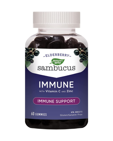 Nature's Way Sambucus Immune Gummies is traditionally used in Herbal Medicine to help relieve symptoms of colds and flus. These delicious tasting elderberry gummies contain 50 mg of Black Elder, 90 mg of Vitamin C and 7.5 mg of Zinc for each serving of two gummies. The addition of Vitamin C and Zinc also provide immune support. Bonus? It's a taste everyone will love and the gummies are gluten-free and gelatin-free.