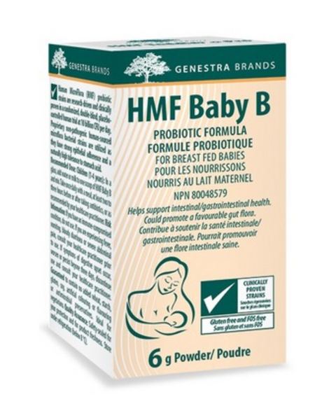 HMF Baby B probiotic supplement for breast fed babies provides Lactobacillus salivarius, Lactobacillus paracasei, Bifidobacterium bifidum and Bifidobacterium animalis subsp. lactis, which help to support gastrointestinal health.