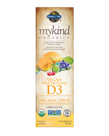 mykind Organics Certified Organic Whole Food Vegan D3 Spray is a delicious vanilla spray made with organic foods. In a base of Organic Pumpkin Seed Oil and Organic Cranberry Seed Oil for optimum absorption, one spray daily delivers 1,000IU of vegan vitamin D3 as cholecalciferol to help support calcium absorption for healthy bones, and support immune system function. 
