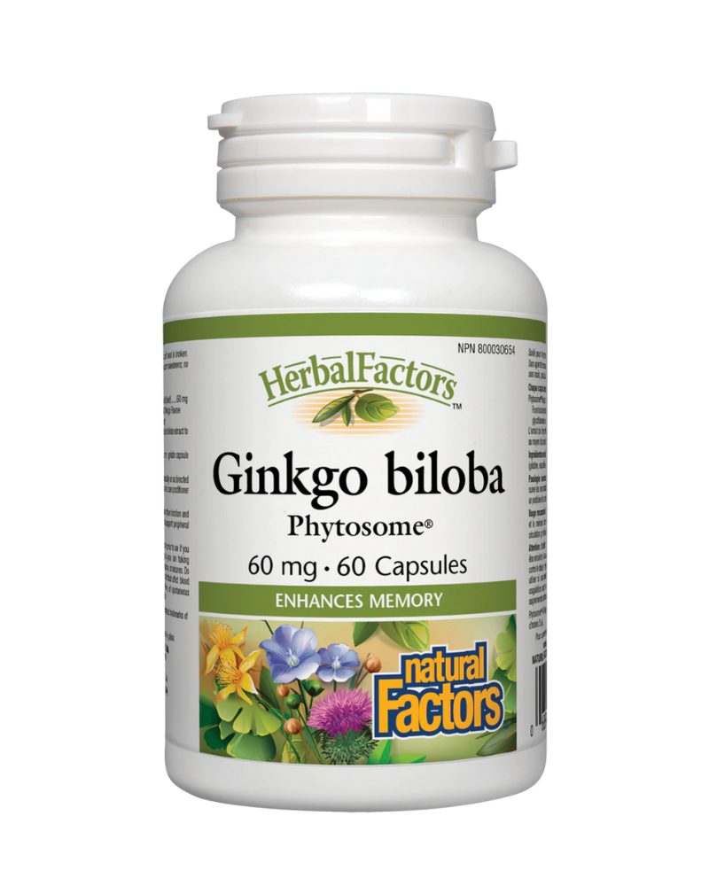 Herbal Factors Ginkgo Biloba Phytosome from Natural Factors helps enhance cognitive function, boosts memory, and helps support peripheral circulation in a standardized formula to guarantee high levels of key plant actives. 
