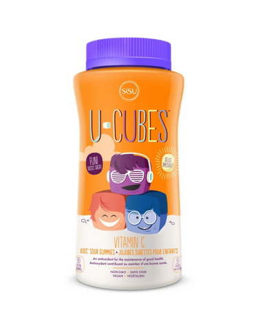 Chewy and sour, Sisu U-Cubes™ Vitamin C gummies are specially crafted for children as a delicious daily supplement to support growing bones and a strong immune system. Each bottle contains kid-friendly orange and strawberry flavoured pectin-based gummies with no animal gelatin or high-fructose corn syrup and no artificial flavours, sweeteners, or colours.