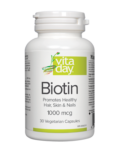 Biotin (vitamin B7) is an essential nutrient that helps promote healthy hair, skin, and nails. Biotin also acts as a coenzyme in numerous metabolic processes, including the breakdown of carbohydrates, fats, and protein for energy. VitaDay provides biotin in 1000 and 5000 mcg vegetarian capsules to support beauty from within.