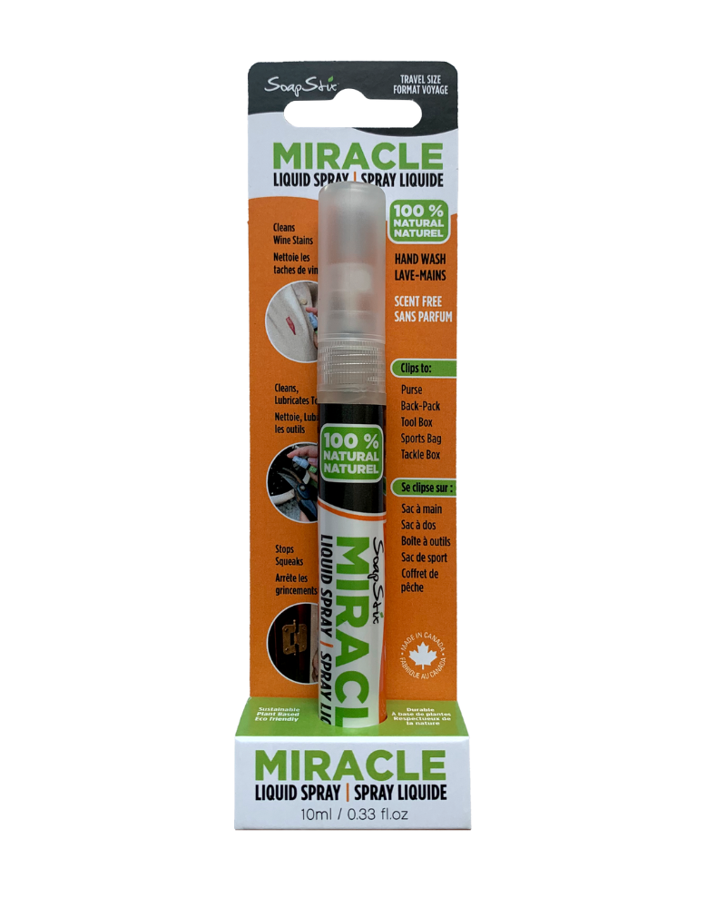 Miracle Liquid Spray is 100% natural. It is toxic & chemical-free and safe for families, children, pets and the environment. A revolutionary product in the realm of home, garden, office and travel. It's a spot cleaner that removes stains on clothes and carpets, stops annoying squeaks on doors and cupboards. It also lubricates seized tools, gears, locks and bicycle chains. Whether your at home, on the road, hiking or traveling abroad the Miracle Liquid Spray is a trusted choice for any emergency.