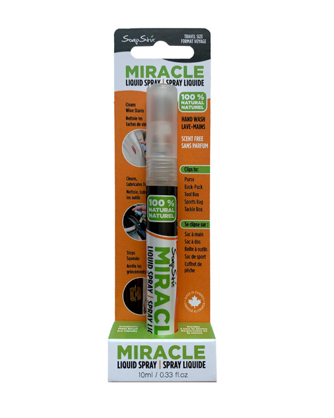 Miracle Liquid Spray is 100% natural. It is toxic & chemical-free and safe for families, children, pets and the environment. A revolutionary product in the realm of home, garden, office and travel. It's a spot cleaner that removes stains on clothes and carpets, stops annoying squeaks on doors and cupboards. It also lubricates seized tools, gears, locks and bicycle chains. Whether your at home, on the road, hiking or traveling abroad the Miracle Liquid Spray is a trusted choice for any emergency.
