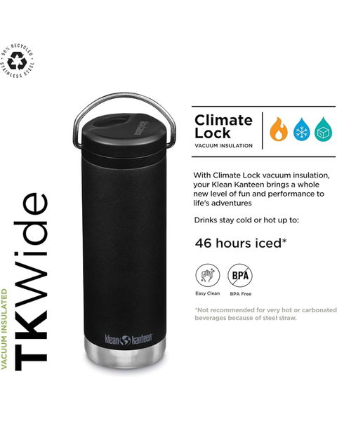 TK Wide Twist with Twist cap in Black.  Insulated bottle. Comes with the leakproof Twist Cap with built-in reusable steel straw.
