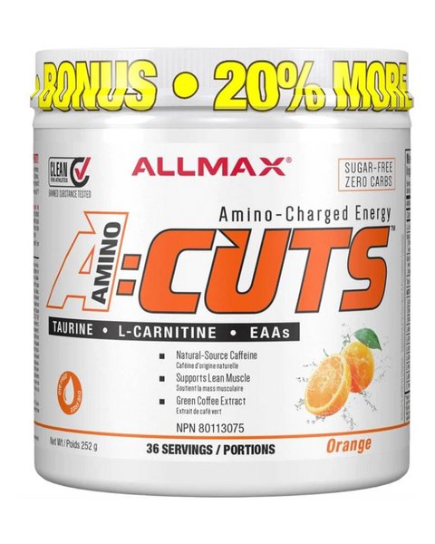 Taurine, L-Carnitine and Green Coffee extract – AminoCuts is ideal anytime you need an energy boost! A:Cuts Amino Acid drink mix is the ideal combination of ingredients designed to provide energy for training while maintaining muscle mass, all the while supporting a fat burning diet. 