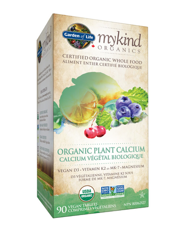 mykind Organics Organic Plant Calcium - a whole food Calcium formula that includes plant-sourced magnesium, Vegan D3 and Vitamin K2 as MK-7, that’s both Certified USDA Organic and Non-GMO Project Verified. Many calcium supplements come from rocks—ground-up, pulverized limestone, but Organic Plant Calcium is made from organic plants, including Coralline Red Algae and over 20 powdered fruits and vegetables. Your body wants real, nutritious food-based Calcium with absolutely no synthetic binders or fillers.