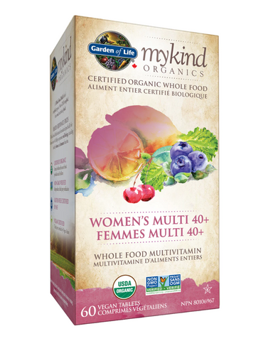 mykind Organics Women’s Multi 40+ is brimming with 20 vitamins and minerals. It also offers organic black cohosh, organic tomato, organic turmeric, plus iodine and selenium.
