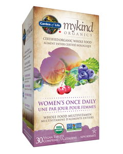 mykind Organics Women’s Once Daily is designed for women under 40 years seeking the convenience of a one-a-day organic multi. Made exclusively with organic foods and herbs, just one clean tablet daily provides 18 essential vitamins and minerals. It includes added vitamin B-12 and 2.5mg of natural iron for energy. It is formulated to meet women’s specific energy, immune, metabolic and beauty needs. 