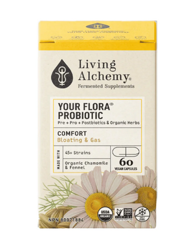Expertly formulated, Living Alchemy Your Flora Comfort is a clinically studied, fermented whole food Symbiotic that helps relieve gas and bloating and offers advanced microbiome support. Living Alchemy created this unique formula with 35 clinically studied strains of Probiotics, Prebiotics, Organic Chamomile and Organic Fennel to support healthy digestion and immune function.