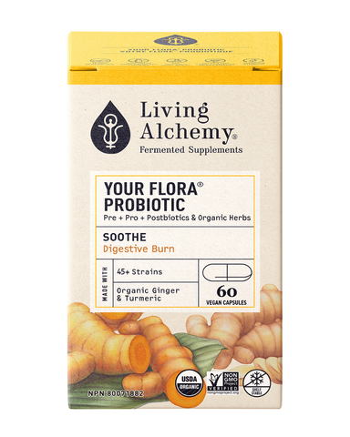 Your Flora SOOTHE uses a unique living culture fermentation process Symbio™, a traditional Kefir-Kombucha fermentation with diverse strains of live micro-organisms, combined with organic turmeric and ginger specifically for those requiring gut flora support with digestive inflammation or “cold” digestion.