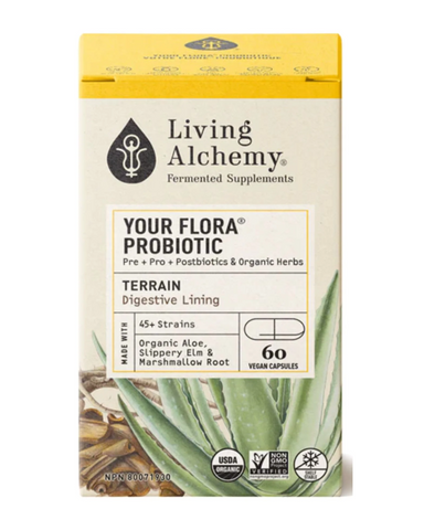 Expertly formulated, Living Alchemy Your Flora TERRAIN is a fermented, whole food Symbiotic that restores digestive lining, helps leaky gut and regulates stomach acid production. Your Flora TERRAIN uses a unique living culture fermentation process Symbio, a traditional Kefir-Kombucha fermentation with diverse strains of live micro-organisms, combined with organic aloe vera, slippery elm and marshmallow root specifically for those needing gut flora support with a compromised digestive lining.