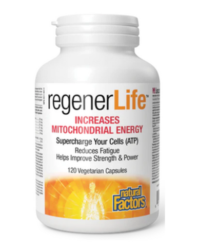 Natural Factors regenerLife is a mitochondrial optimization formula that contains a potent combination of targeted nutritional compounds shown to optimize mitochondrial function. These vegetarian capsules support the body’s antioxidant defence systems, help reduce symptoms of fatigue, and contribute to brain, muscle, and heart health. Mitochondria are the key producers of energy within our cells. This formula is also available in powder form.