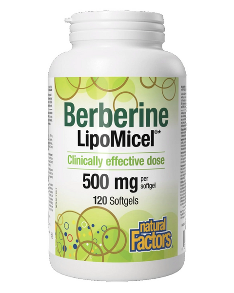 Natural Factors Berberine LipoMicel is a concentrated barberry root extract in a patent-pending LipoMicel formulation. Berberine is a naturally occurring plant compound that supports healthy blood glucose levels and cardiovascular health in adults. Just two 500 mg softgels per day provide the same effective dose used in clinical studies.