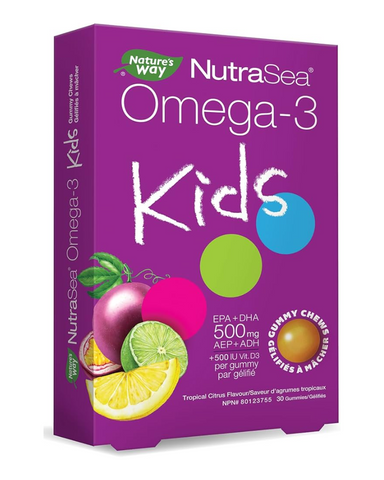 Tasty NutraSea omega-3 gummy chews for kids, with 500mg of EPA+DHA plus 500 IU of vitamin D3. Kids gummy chews help support the development of the brain, eyes and nerves in children up to 12 years of age. In a tropical citrus flavour, these delicious gummies are a taste kids will love.