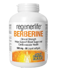 Natural Factors Regenerlife Berberine contains a concentrated barberry root extract with a clinically effective dose of berberine to support healthy glucose metabolism in adults. Berberine is a naturally occurring plant compound known for its remarkable use in supporting blood sugar, cholesterol, and cardiovascular health. This non-GMO formula features 500 mg of berberine per softgel, to be taken twice daily.