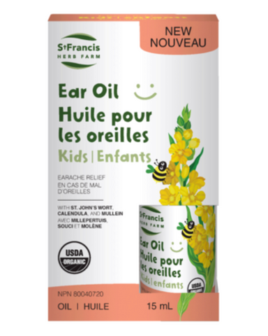 Ear Oil Kids from St. Francis Herb Farm is specifically intended for topical use in the ear to relieve earache. Made with a 100% certified organic blend of mullein, calendula, garlic, and St. Johns wort in olive oil.