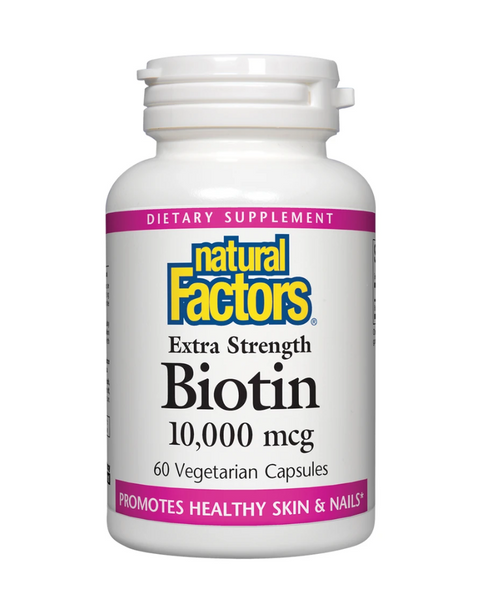 Natural Factors Biotin promotes strong, healthy nails, hair, and skin. Biotin is a B-complex vitamin (B7) that is vital for the metabolism of carbohydrates, fats, and proteins, helping to convert food into energy. It also supports healthy blood sugar regulation. Natural Factors non-GMO biotin is available in 1000 mcg, 5000 and 10 000 mcg capsules.