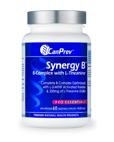 CanPrev’s Synergy B is an innovative vitamin B complex that delivers the full spectrum of B vitamins in their preferred forms, plus an impressive 200 mg of L-Theanine daily. L-Theanine is an amino acid found in green tea leaves that temporarily produces mental relaxation without any sedating effects. It’s the perfect companion to a B-complex vitamin, enhancing its already stress reducing and mood enhancing properties. In addition, Synergy B contains all natural spirulina, a blue green algae that supplies a 