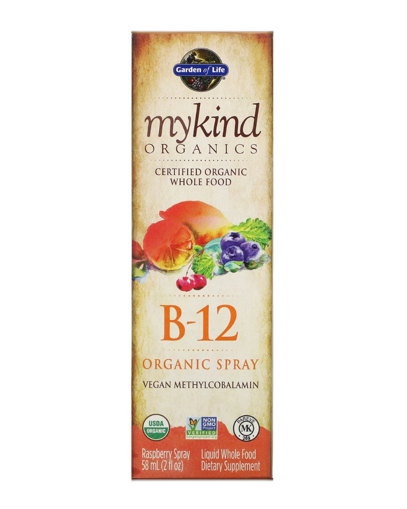 Finally, a whole food vitamin B-12 formula that’s both Certified USDA Organic and Non-GMO Project Verified—in a great-tasting raspberry spray. This vegan Organic B-12 is in the form of methylcobalamin, which is the highly absorbable, active, natural form of B-12—like the B-12 in the body. 