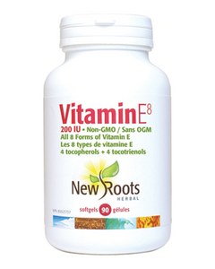 New Roots Herbal’s Vitamin E8 contains all eight forms of vitamin E—four tocopherols and four tocotrienols—with squalenes, beta-sitosterols, all non-GMO certified.  Vitamin E is one of the great fat-soluble antioxidants; it is able to go where ordinary water-soluble antioxidants cannot. Vitamin E helps stop oxygen in red blood cells from turning into harmful peroxides. As well, it protects other vitamins from oxidation in the digestive tract.