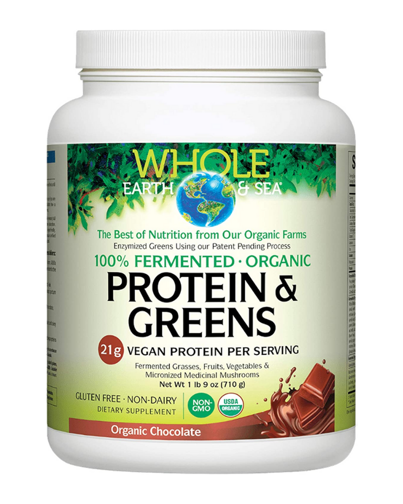 Whole Earth & Sea Fermented Organic Protein & Greens is a 100% fermented, plant-based superfood formula featuring 21 g of the cleanest possible plant-based vegan protein per serving. This unique food supplement harnesses the power of natural fermentation to deliver a broad spectrum of highly bioavailable nutrients and protein in a single, convenient serving. Fermented Organic Protein & Greens features an organic fruit, vegetable, and grass blend, grown at Factors Farms in British Columbia’s Okanagan Valley.