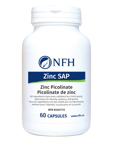 Zinc SAP contains a highly absorbable form of zinc, called zinc picolinate. Zinc is a mineral that is essential in both innate and adaptive immune function. Zinc is also important to maintain connective tissue formation, intestinal health, and healthy skin. In addition, metabolism of carbohydrates, fat, and proteins to form red blood cells relies on zinc for proper function. Long-term supplementation of high doses of zinc can result in copper deficiency, which is why a small dose of copper is included in Zi