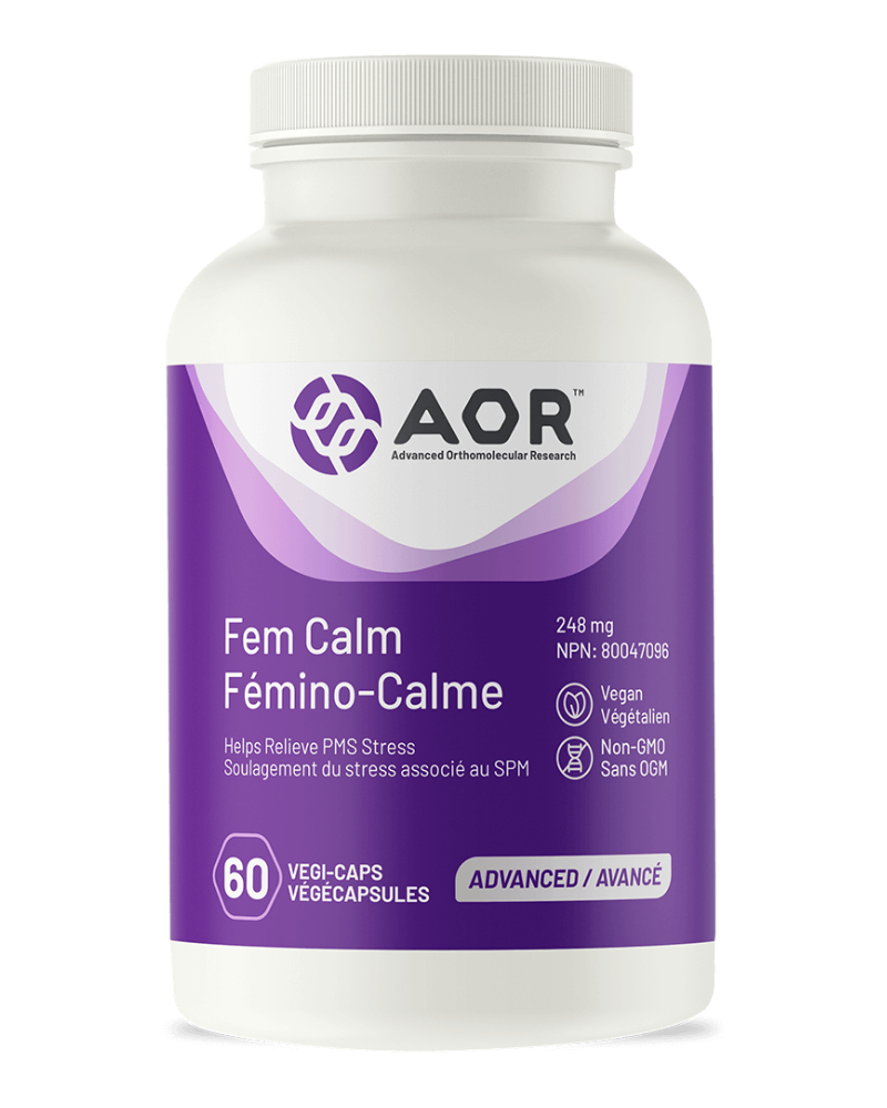 Fem Calm’s compound of vitamins, adaptogenic herbs, and other nutrients help relieve some of the mental and emotional changes as well as mild physical symptoms experienced prior to and during the menstrual cycle and in menopause. These symptoms include irritability, moodiness, fatigue, insomnia, bloating, and hot flashes. Fem Calm helps to provide an emotional and mental calming effect while helping to balance hormones and regulate the menstrual cycle.