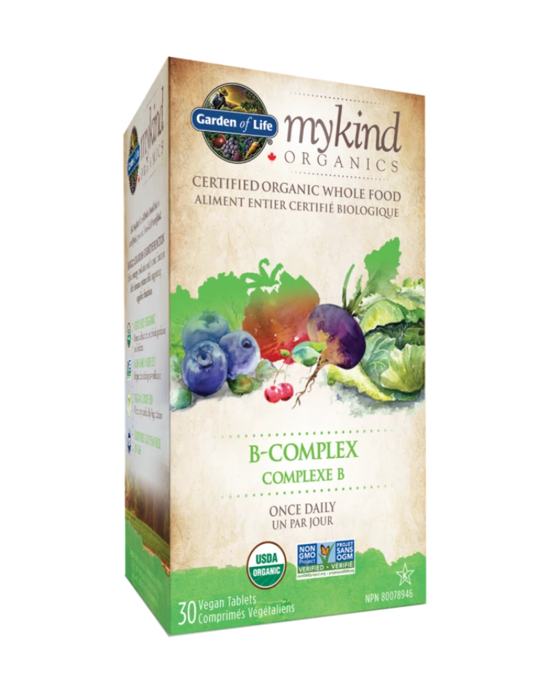 mykind Organics B-Complex is a whole food B-Complex formula that’s both Certified USDA Organic and Non-GMO Project Verified—all in a convenient, once-daily tablet. Made from 25 real organic powdered fruits, vegetables and herbs, mykind Organics B-Complex provides 100% DV or more of all eight of the essential B vitamins.