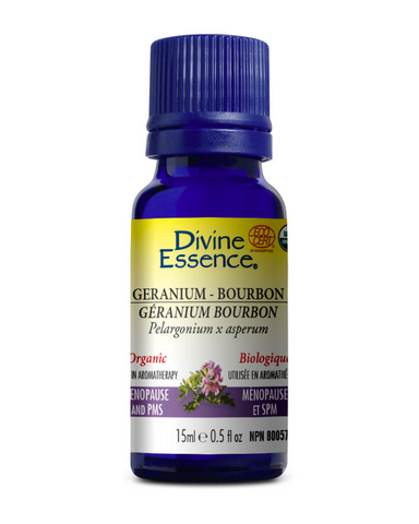 Geranium Bourbon essential oil is used in aromatherapy to help relieve premenstrual tension (PMS) and menopausal symptoms as well as colds and coughs.