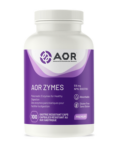 AOR Zymes contains proteases to digest proteins, alpha amylase to digest starches, lipase to digest fats and alpha galactosidase for hard-to-digest polysaccharides found in legumes and vegetables that can cause gas and bloating. They are porcine pancreatic enzymes, meaning they are derived from pigs. Pancreatic enzymes from a mammalian source tend to be more effective than plant-based enzymes since they are similar to the enzymes naturally present in the human body.