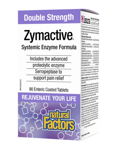 Natural Factors Double Strength Zymactive is a systemic enzyme formula with more than four times the potency of other proteolytic enzyme supplements. The unique combination of proteolytic enzymes breaks down proteins that cause inflammation and pain. The tablets are enteric coated to protect the enzymes from stomach acid during digestion.