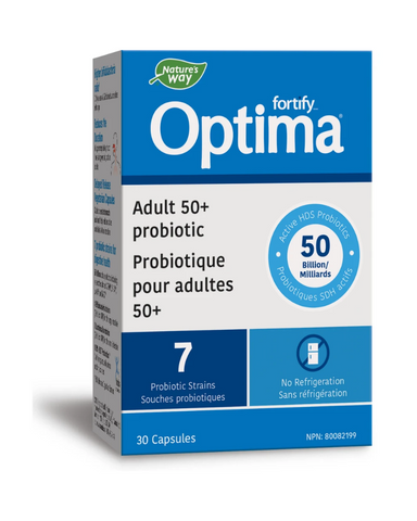 Nature's Way Fortify Optima Adult 50+ Probiotic also helps to reduce the duration of upper respiratory tract illness in physically active adults. Nature's Way Fortify Optima Adult 50+ Probiotic is formulated with a higher ratio of bifidobacteria, which decline with age, including 4 bifidobacteria strains and 3 lactobacillus strains.
