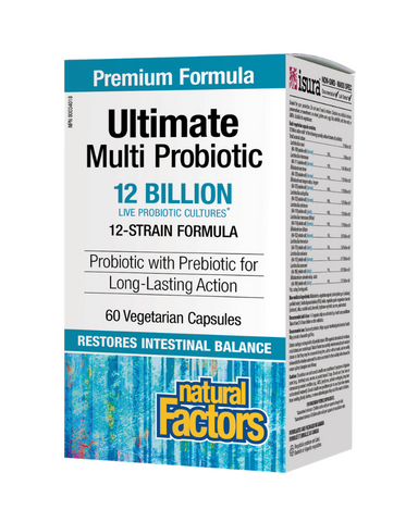 Natural Factors Ultimate Multi Probiotic contains active cells of a blend of specially cultured strains of probiotics, chosen for their compatibility and ability to survive stomach acidity.