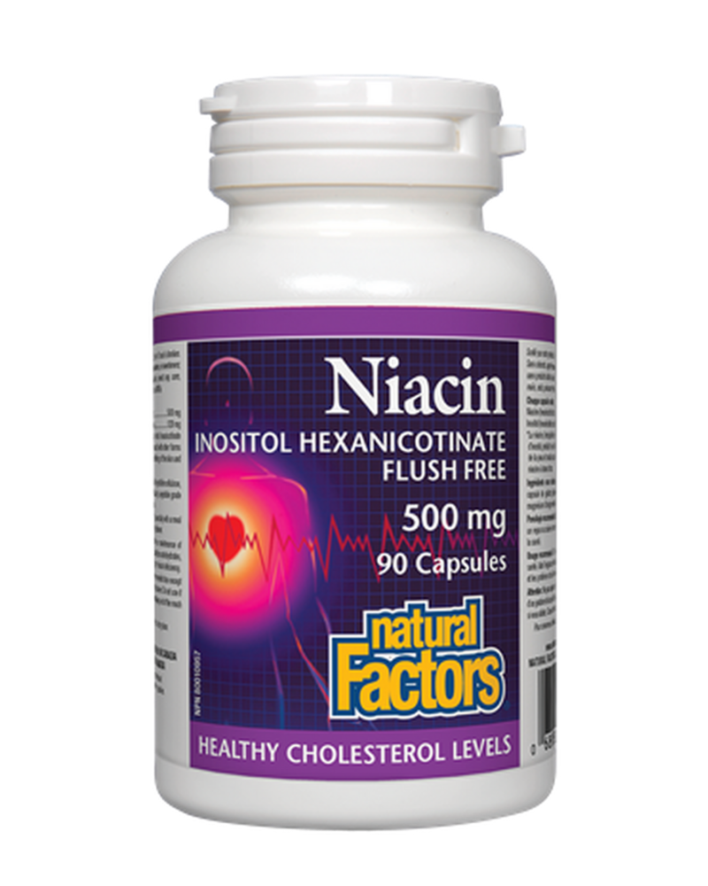 Niacin, also known as vitamin B3, helps maintain healthy cholesterol levels and assists enzymes in the breakdown and utilization of carbohydrates, fats, and proteins. Natural Factors Niacin delivers niacin in the form of inositol hexanicotinate, which minimizes the flushing effect and other side effects associated with other forms of niacin.