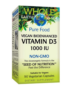 Whole Earth & Sea Pure Food Vegan Bioenhanced Vitamin D3 is sourced from organic, wild-harvested lichen. This unique non-GMO formula was developed especially for vegans and vegetarians, who are more likely to lack this essential nutrient. It provides the most bioactive form of vitamin D3, cholecalciferol, for strong bones and a healthy immune system.