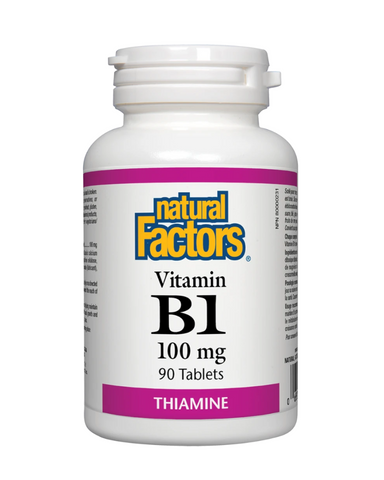 Vitamin B1 acts as a coenzyme to convert carbohydrates into energy in the body, helps manufacture hydrochloric acid for digestion and is useful in malabsorption conditions. It also supports the health of the heart and nervous system. Supplementing with Natural Factors Vitamin B1 100 mg tablets helps maintain good health.