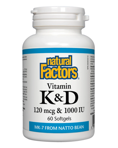 Natural Factors Vitamin K & D combines 2 fat soluble vitamins into one convenient softgel. The form of Vitamin K is K2  which is an advanced, fat-soluble form of vitamin K that serves multiple functions in the body. Vitamin K most important function is aiding bone development by acting as a regulator and director of calcium in the tissues.