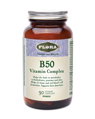 Flora’s B 50-Complex contains a blend of B’s (including Thiamin (B1), B6, B12, and more) to give you a boost and help you maintain healthy levels of B vitamins.