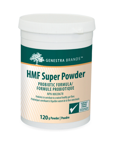 Genestra HMF Super Powder is a moderate level probiotic with 10 billion CFU per dose from a combination of four proprietary human-sourced strains.