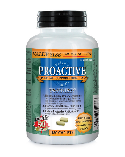 Nu-Life Nu-Source Naturals Proactive is an herbal formula containing standardized saw palmetto extract with 6 natural support ingredients to help relieve the urinary symptoms associated with enlarged prostate. Nu-life Proactive provides an herbal blend of Saw Palmetto plus 6 supportive ingredients.