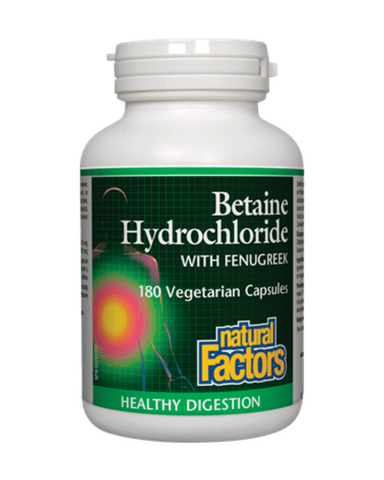 As we age, production of stomach acid declines, which reduces the efficiency of digestion and nutrient absorption. Natural Factors Betaine Hydrochloride with Fenugreek supports normal digestion and acts as an effective digestive aid by stimulating the secretion of pancreatic enzymes and reducing gastric inflammation.