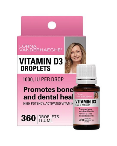 Lorna Vanderhaeghe Vitamin D3 Droplets promotes bone and dental health with 1,000 IU per drop. It is also used for preventing rickets and postmenopausal osteoporosis.