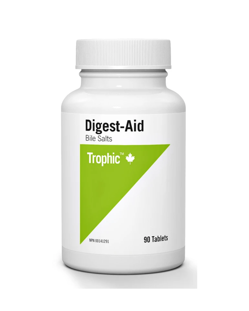 Trophic Digest Aid helps the body soothe irritations of the gastrointestinal tract and aids in the proper absorption and utilization of fat-soluble vitamins A, D, E and K. It prevents indigestion, nausea and flatulence when taken with meals and is effective in promoting healthy gallbladder function. It contains bile extract and three digestive enzymes, lipase, trypsin and bromelain.