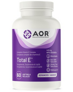 ﻿AOR Total E is the first truly balanced, complete E-complex supplement. The E complex includes eight distinct vitamin E molecules: four tocopherols and four tocotrienols. Research shows that each of the different vitamin E molecules have unique functions. Total E contains antioxidants for the maintenance of good health.