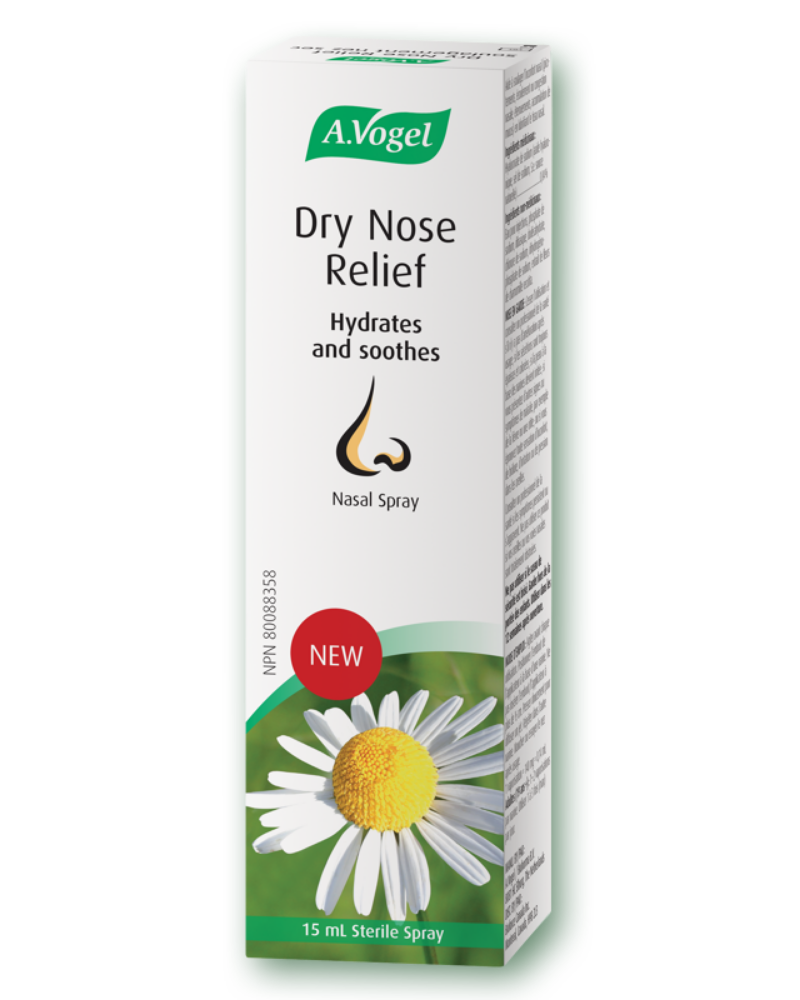 A. Vogel Dry Nose Relief nasal spray helps relieve nasal discomfort (itching, runny or stuffy nose, sneezing, mucus buildup) by lubricating nasal tissue.