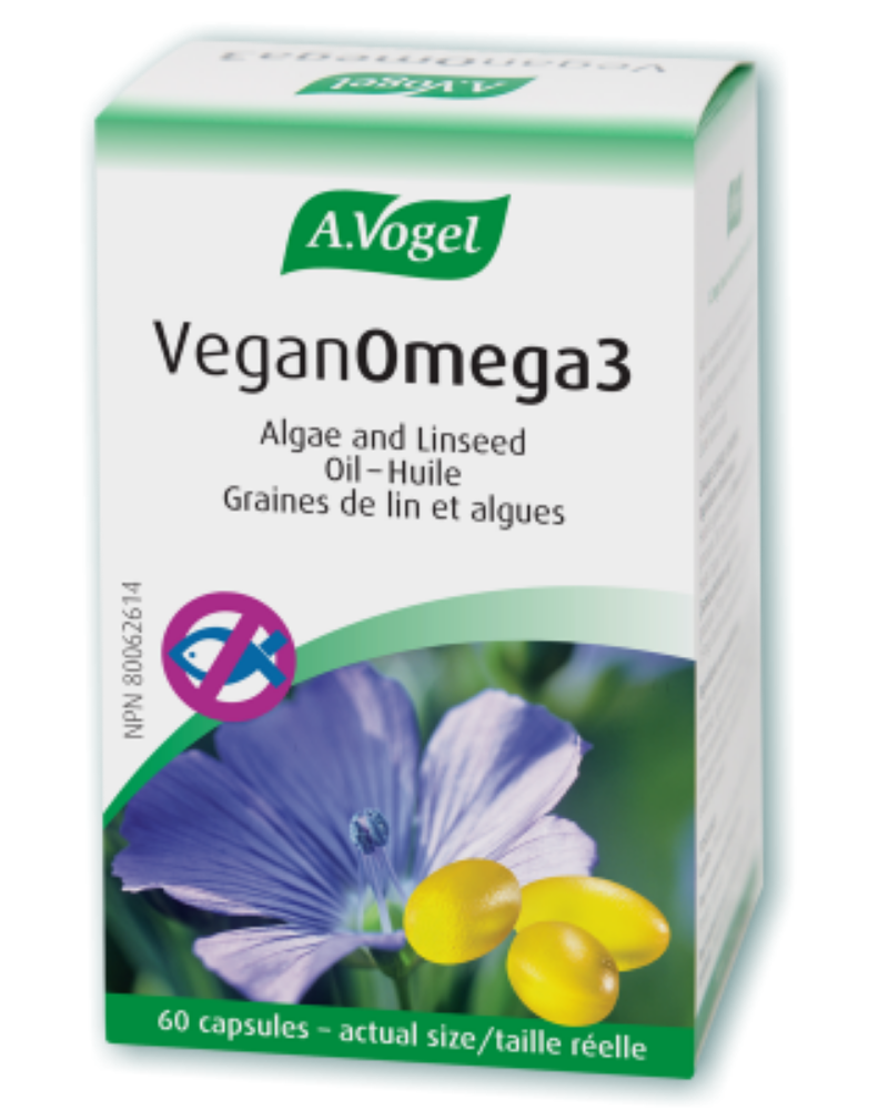 A.Vogel VeganOmega3 a 100% vegetarian capsule with no fishy aftertaste!  Source of omega-3 fatty acids (DHA/ALA) for the maintenance of good health.  Helps support eye and cardiovascular health and helps maintain normal brain function.